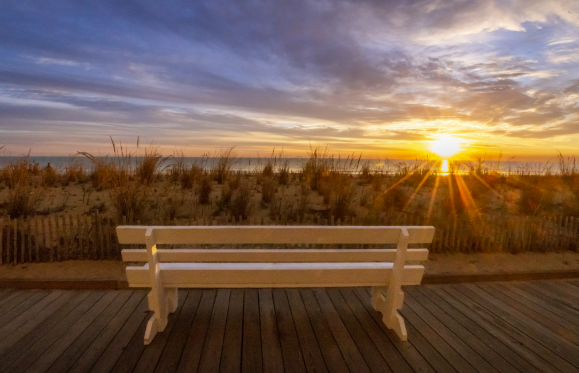 12x18 Sunrise Bench Rehoboth Beach Boardwalk | Susan McLean